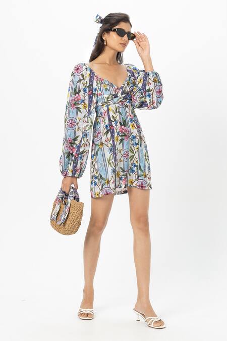 SOBARIKO Blue Linen Embroidery Sweetheart Neck Chloe Twist Floral Dress Online at Aza Fashions SOBARIKO_Blue Linen Embroidery Sweetheart Neck Chloe Twist Floral Dress _Online_at_Aza_Fashions