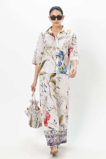 Sobariko White Linen Collared Floral Print Alicia Co-ord Set 