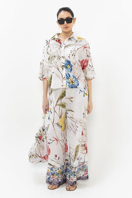 Buy_SOBARIKO_White Linen Collared Floral Print Alicia Co-ord Set _Online_at_Aza_Fashions