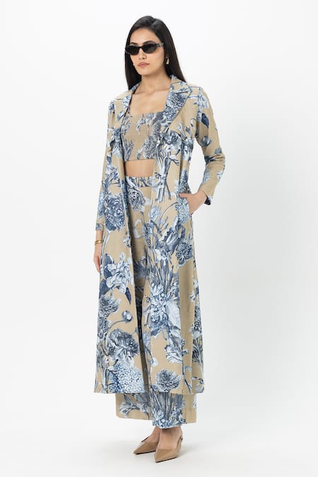 SOBARIKO_Beige Linen Open , Scoop Floral Print Trench Pant Set _Online_at_Aza_Fashions