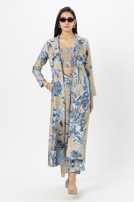 Sobariko Beige Linen Open , Scoop Floral Print Trench Pant Set 