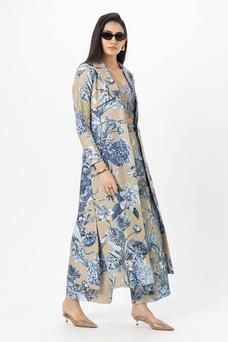 Shop_SOBARIKO_Beige Linen Open , Scoop Floral Print Trench Pant Set _Online_at_Aza_Fashions