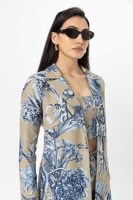 SOBARIKO_Beige Linen Open , Scoop Floral Print Trench Pant Set _at_Aza_Fashions