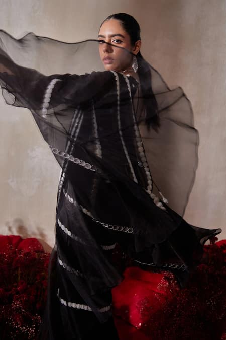 Tarini Vij_Black Georgette, Organza Embroidery Round Neck Pre-draped Saree With Blouse _Online_at_Aza_Fashions