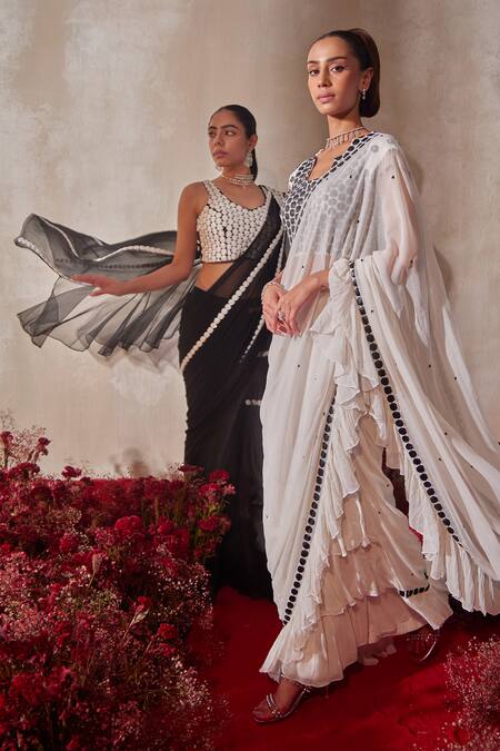 Tarini Vij_Black Georgette, Organza Embroidery Round Neck Pre-draped Saree With Blouse _at_Aza_Fashions