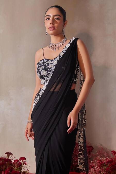 Tarini Vij_Black Georgette, Organza Embroidery, Beads, Hand Pre-draped Saree With Blouse _Online_at_Aza_Fashions