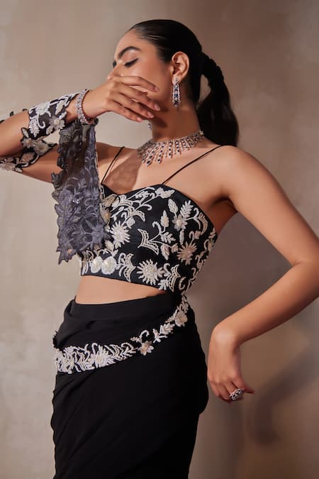 Buy_Tarini Vij_Black Georgette, Organza Embroidery, Beads, Hand Pre-draped Saree With Blouse _Online_at_Aza_Fashions
