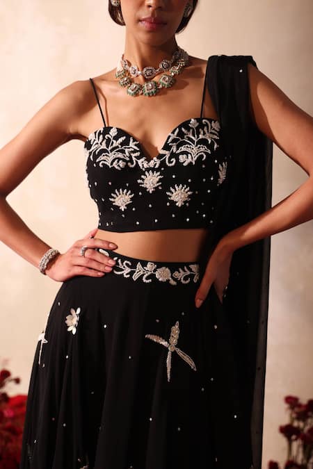 Tarini Vij_Black Georgette Beads, Sequins, Pearls, Embroidery Sweetheart Neck Lehenga Set _Online_at_Aza_Fashions