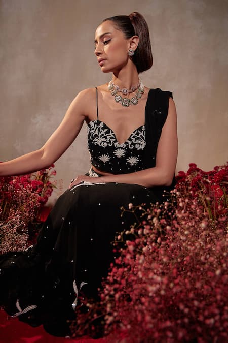 Shop_Tarini Vij_Black Georgette Beads, Sequins, Pearls, Embroidery Sweetheart Neck Lehenga Set _Online_at_Aza_Fashions