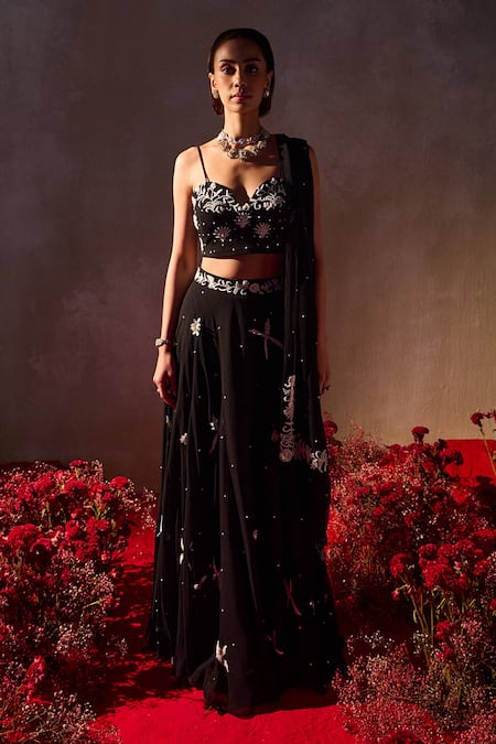 Buy_Tarini Vij_Black Georgette Beads, Sequins, Pearls, Embroidery Sweetheart Neck Lehenga Set 