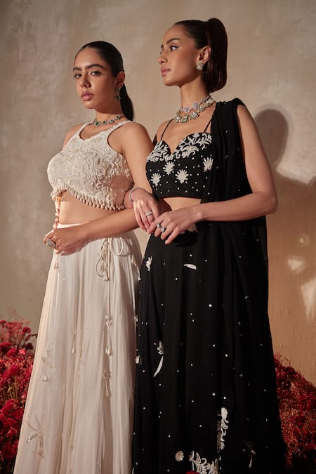 Tarini Vij_White Georgette Beads, Pearls, Sequins, Embroidery Round Neck Lehenga Set _Online_at_Aza_Fashions