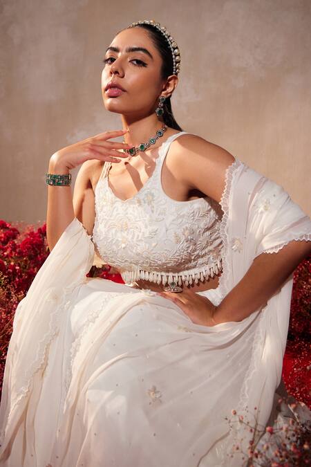 Shop_Tarini Vij_White Georgette Beads, Pearls, Sequins, Embroidery Round Neck Lehenga Set _Online_at_Aza_Fashions