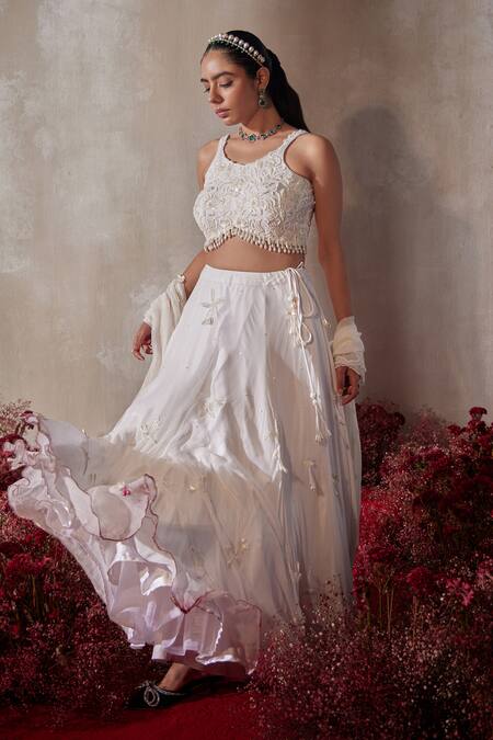 Tarini Vij_White Georgette Beads, Pearls, Sequins, Embroidery Round Neck Lehenga Set _at_Aza_Fashions