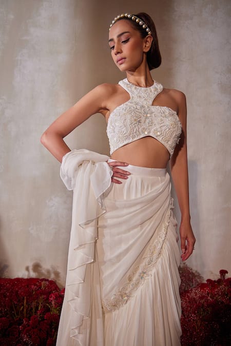 Tarini Vij_White Georgette, Organza Beads, Designer Pre-draped Lehenga Saree With Blouse _Online_at_Aza_Fashions