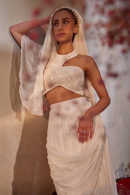 Buy_Tarini Vij_White Georgette, Organza Beads, Designer Pre-draped Lehenga Saree With Blouse _Online_at_Aza_Fashions