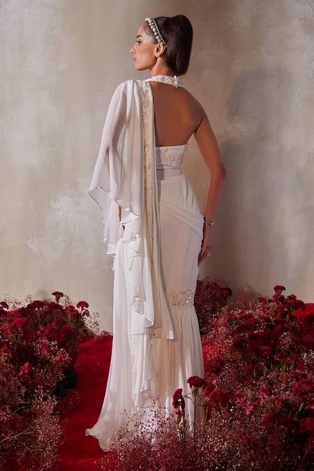 Tarini Vij Designer White Pre-Draped Lehenga Saree With Blouse 