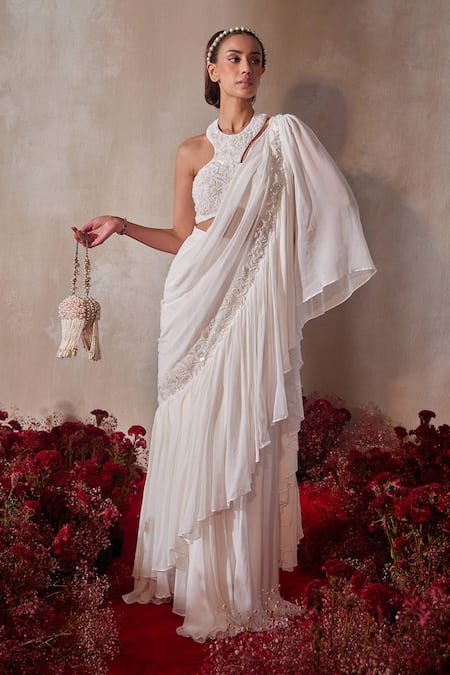 Tarini Vij Designer White Pre-Draped Lehenga Saree 