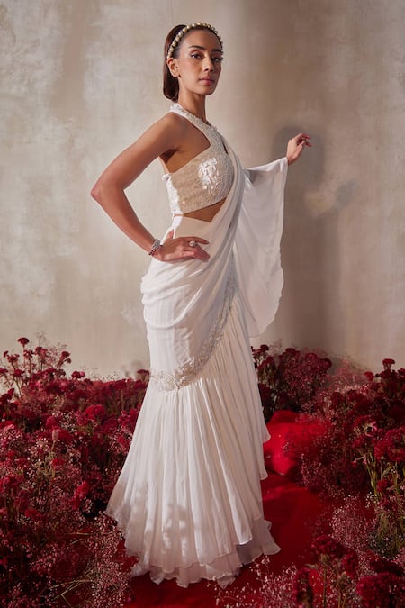 Tarini Vij_White Georgette, Organza Beads, Designer Pre-draped Lehenga Saree With Blouse _at_Aza_Fashions