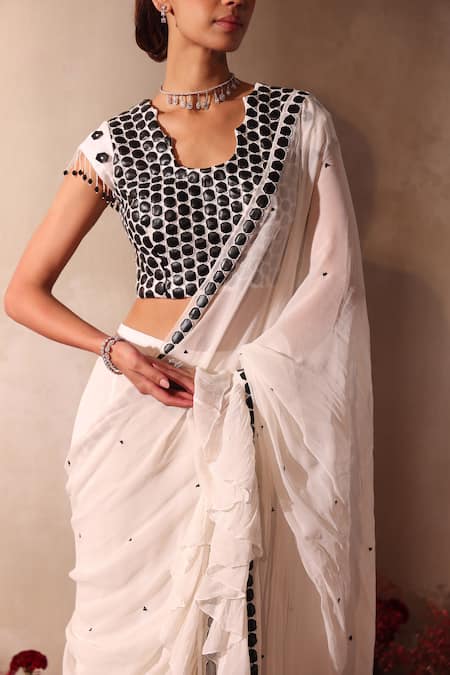 Buy_Tarini Vij_White Georgette Embroidery Round Neck Pre-draped Lehenga Saree With Blouse _Online_at_Aza_Fashions