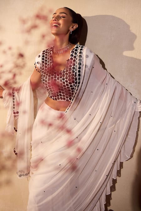 Shop_Tarini Vij_White Georgette Embroidery Round Neck Pre-draped Lehenga Saree With Blouse _Online_at_Aza_Fashions