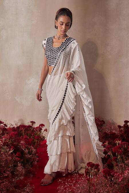 Tarini Vij_White Georgette Embroidery Round Neck Pre-draped Lehenga Saree With Blouse _at_Aza_Fashions