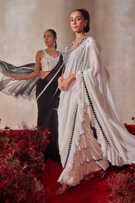 Buy_Tarini Vij_White Georgette Embroidery Round Neck Pre-draped Lehenga Saree With Blouse 