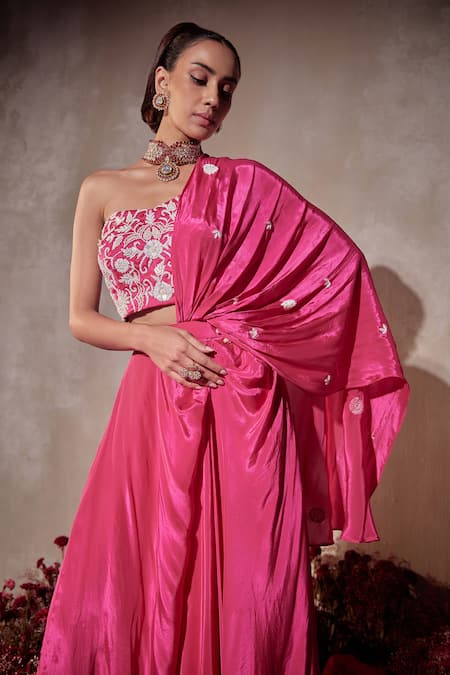 Tarini Vij Pink Crepe Beads, Pearls, Sequins, Embroidery Designer Pre-draped Lehenga Saree Online at Aza Fashions Tarini Vij_Pink Crepe Beads, Pearls, Sequins, Embroidery Designer Pre-draped Lehenga Saree _Online_at_Aza_Fashions