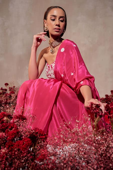 Buy Tarini Vij Pink Crepe Beads, Pearls, Sequins, Embroidery Designer Pre-draped Lehenga Saree Online at Aza Fashions Buy_Tarini Vij_Pink Crepe Beads, Pearls, Sequins, Embroidery Designer Pre-draped Lehenga Saree _Online_at_Aza_Fashions