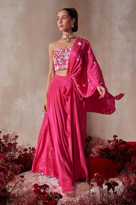 Shop Tarini Vij Pink Crepe Beads, Pearls, Sequins, Embroidery Designer Pre-draped Lehenga Saree Online at Aza Fashions Shop_Tarini Vij_Pink Crepe Beads, Pearls, Sequins, Embroidery Designer Pre-draped Lehenga Saree _Online_at_Aza_Fashions