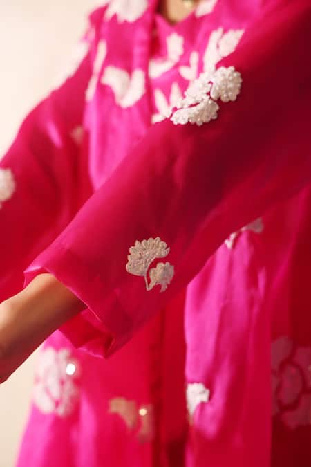 Tarini Vij_Pink Satin, Crepe Sequins, Embroidery Square , Open Gharara Set _Online_at_Aza_Fashions