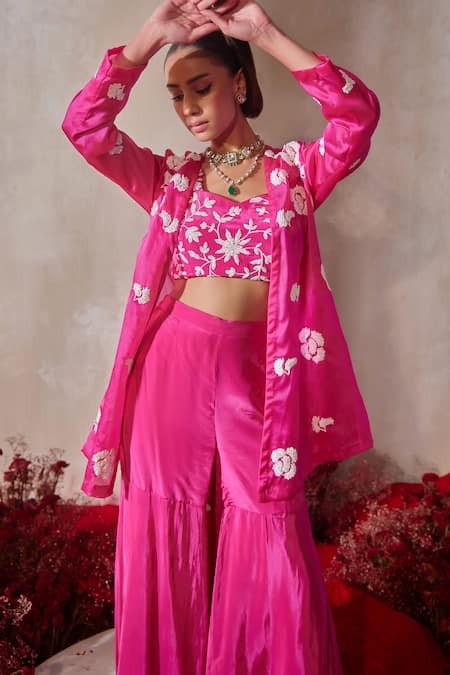 Buy_Tarini Vij_Pink Satin, Crepe Sequins, Embroidery Square , Open Gharara Set _Online_at_Aza_Fashions