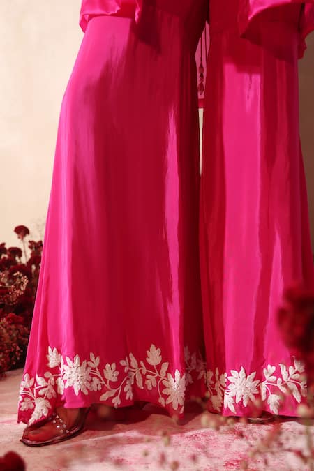 Shop_Tarini Vij_Pink Satin, Crepe Sequins, Embroidery Square , Open Gharara Set _Online_at_Aza_Fashions