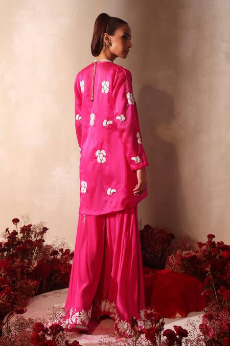 Tarini Vij_Pink Satin, Crepe Sequins, Embroidery Square , Open Gharara Set _at_Aza_Fashions