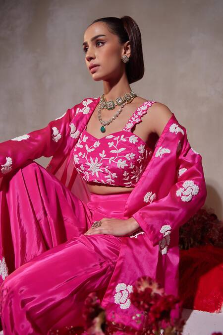 Buy_Tarini Vij_Pink Satin, Crepe Sequins, Embroidery Square , Open Gharara Set 