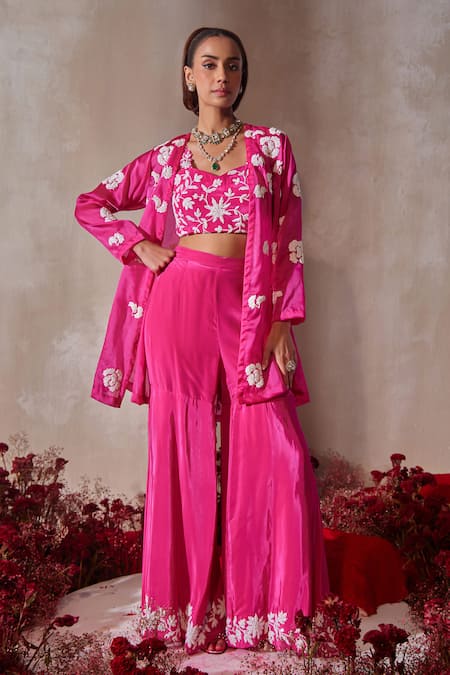 Shop_Tarini Vij_Pink Satin, Crepe Sequins, Embroidery Square , Open Gharara Set 