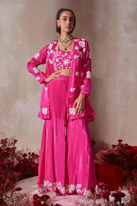 Tarini Vij Pink Satin, Crepe Sequins, Embroidery Square , Open Gharara Set 