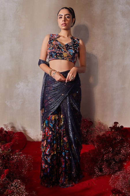 Tarini Vij_Blue Chiffon Beads, Sequins Round Midnight Pre-draped Sharara Saree With Blouse _Online_at_Aza_Fashions