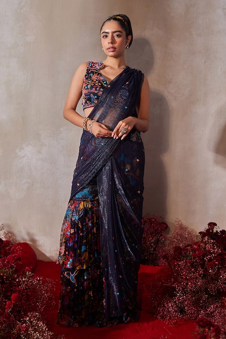 Tarini Vij Midnight Blue Pre-Draped Sharara Saree With Blouse 