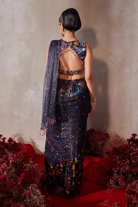 Tarini Vij Midnight Blue Pre-Draped Sharara Saree With Blouse 