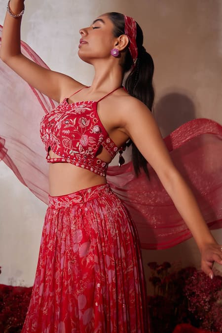 Shop_Tarini Vij_Red Chiffon Beads, Sequins, Pearls, Embroidery Sweetheart Neck Hand Lehenga Set _Online_at_Aza_Fashions