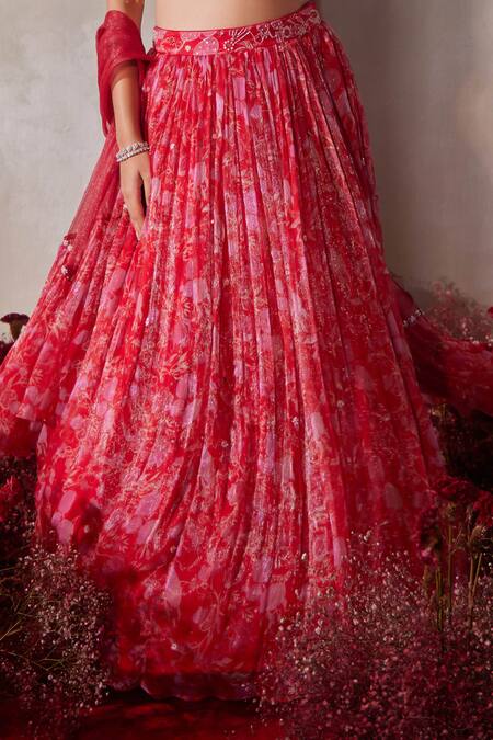 Buy_Tarini Vij_Red Chiffon Beads, Sequins, Pearls, Embroidery Sweetheart Neck Hand Lehenga Set 