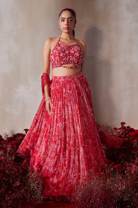 Tarini Vij Red Chiffon Beads, Sequins, Pearls, Embroidery Sweetheart Neck Hand Lehenga Set 