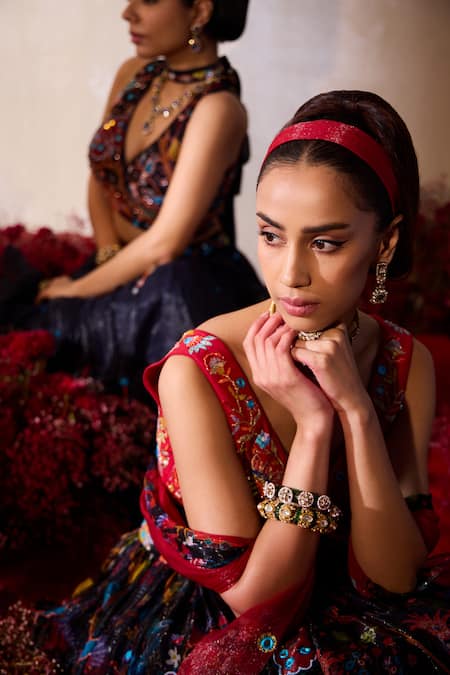 Tarini Vij_Blue Chiffon Beads, Sequins, Mirrors V-neck Midnight Embroidered Lehenga Set _Online_at_Aza_Fashions