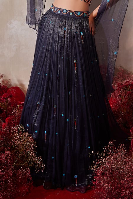 Shop_Tarini Vij_Blue Chiffon Beads, Sequins, Mirrors V-neck Midnight Embroidered Lehenga Set _Online_at_Aza_Fashions