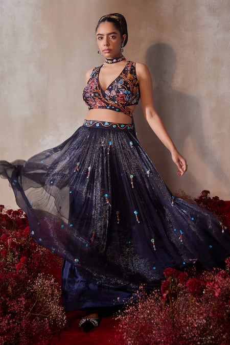Tarini Vij Midnight Blue Embroidered Lehenga Set 