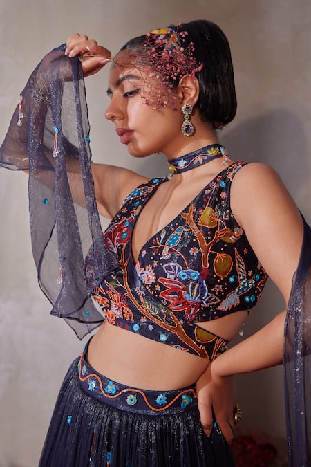 Tarini Vij_Blue Chiffon Beads, Sequins, Mirrors V-neck Midnight Embroidered Lehenga Set _at_Aza_Fashions