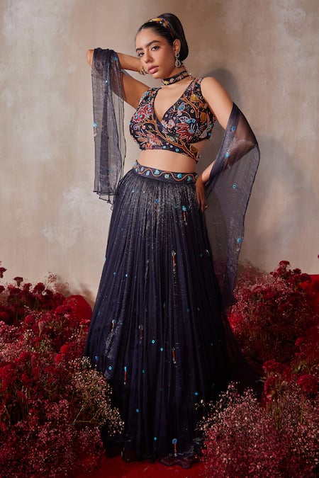 Tarini Vij Blue Chiffon Beads, Sequins, Mirrors V-neck Midnight Embroidered Lehenga Set 