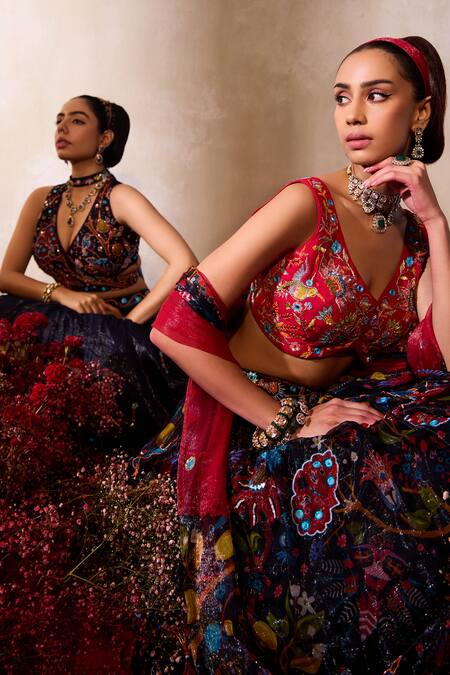 Shop_Tarini Vij_Blue Chiffon Beads, Sequins, Mirrors V-neck Midnight Embroidered Lehenga Set 