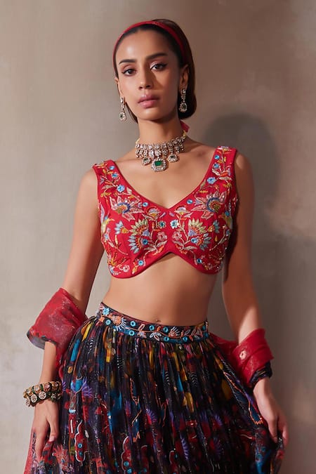Tarini Vij_Blue Chiffon, Silk, Modal Mirrors, Beads, Sequins, Midnight Lehenga Set _Online_at_Aza_Fashions