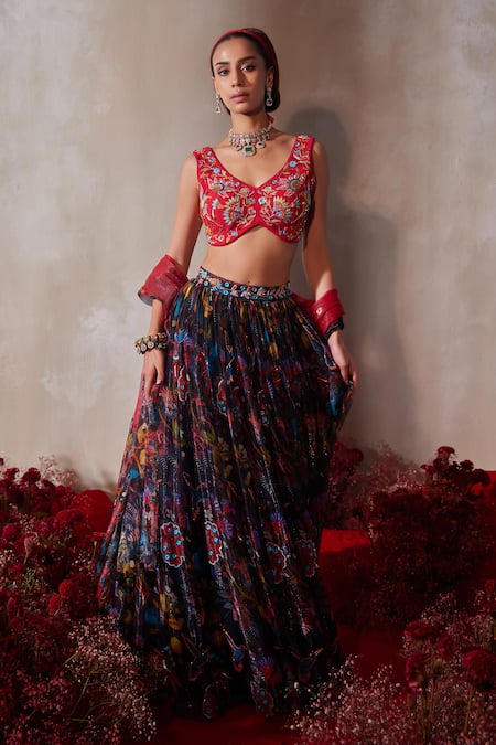 Tarini Vij Blue Chiffon, Silk, Modal Mirrors, Beads, Sequins, Midnight Lehenga Set 
